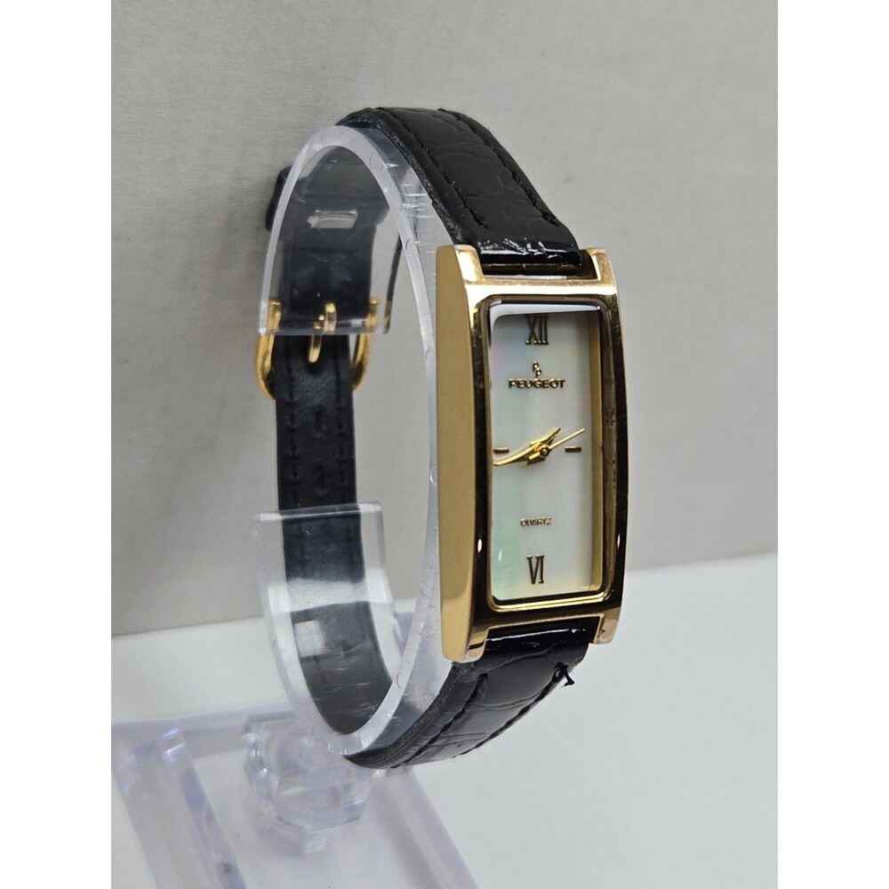 Peugeot Womens 14K Gold Plated Mother Of Pearl Slim Tank Dress Watch New Battery - Picture 3 of 12